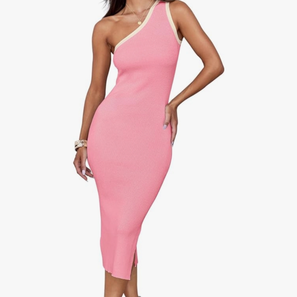 NWT Zesica Ribbed Knit Contrast Trim Halter Shoulder Bodycon Maxi‎ Dress, Sz S